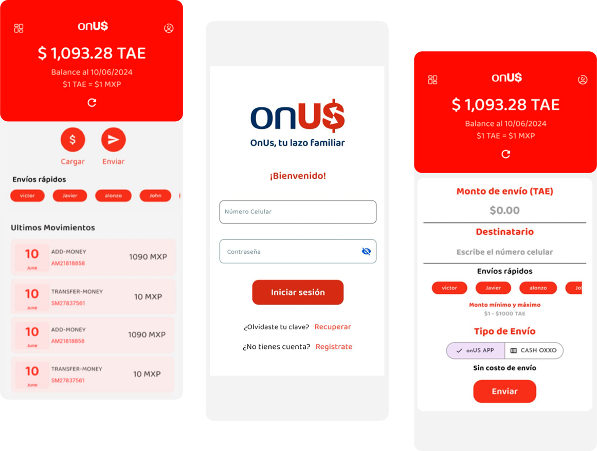 Interfaz de la app onUS